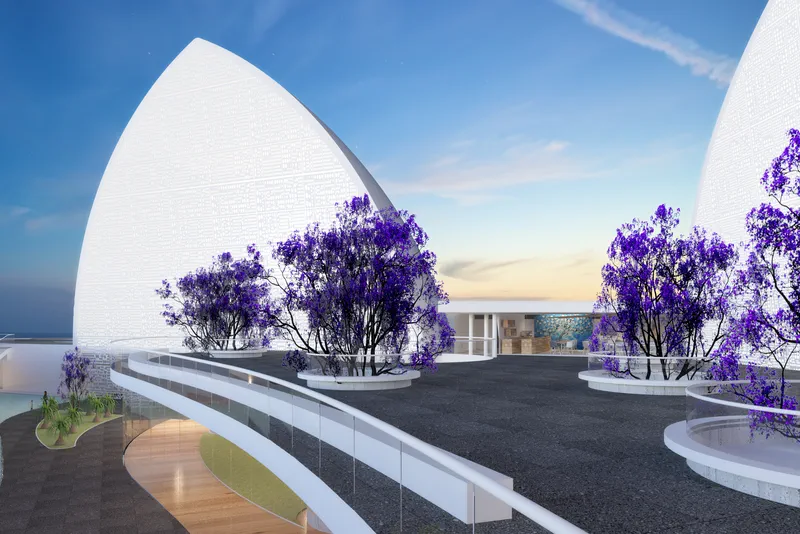 Render de trabajo de la terraza entre los volúmenes del Museo de la Evolución Tehuacán